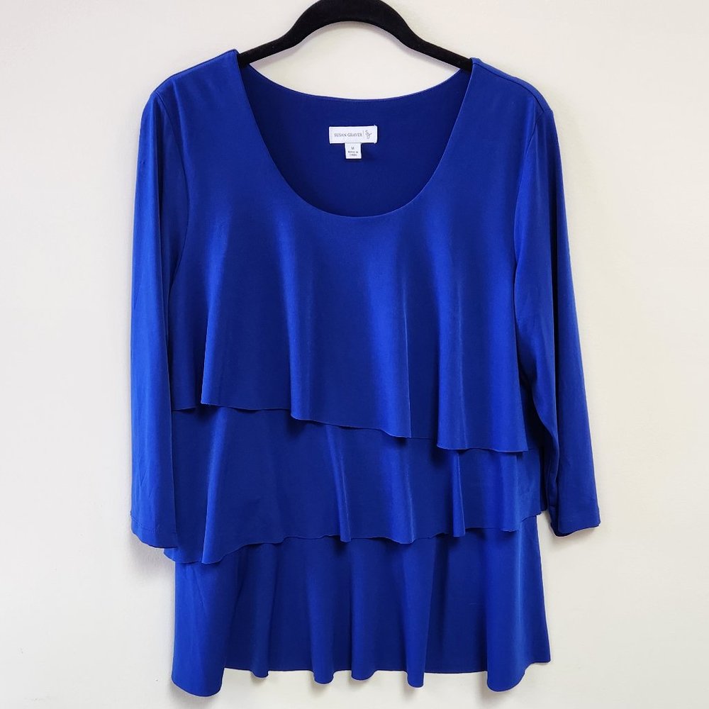 Medium Susan Graver Triple Layered Tiered Royal Blue Liquid Knit Top Blouse